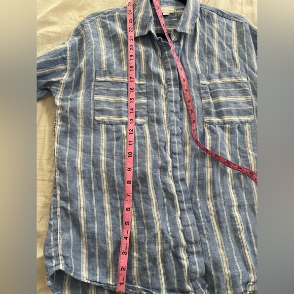 J Jill Love Linen Shirt Blue White Striped Button Up Small Petite Relaxed Beach - Picture 7 of 8